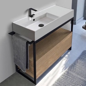 Console Bathroom Vanity Console Sink Vanity With Ceramic Sink and Natural Brown Oak Drawer, 43